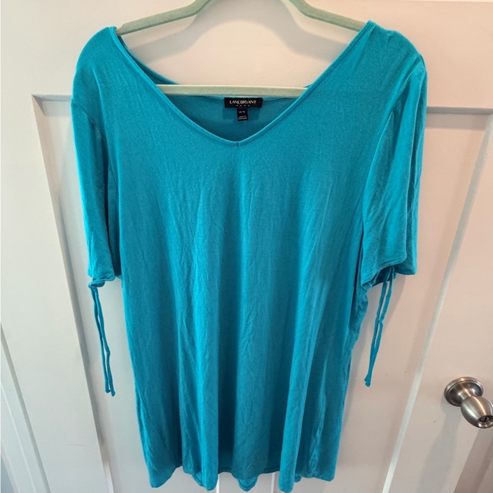 Lane Bryant 14/16 Teal V Neck Top Short Sleeve Tie Sleeve Plus Size